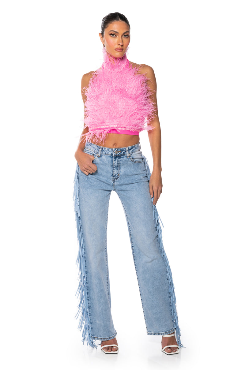 GENUINE OSTRICH FEATHER SLEEVELESS CROPPED HALTER BLOUSE