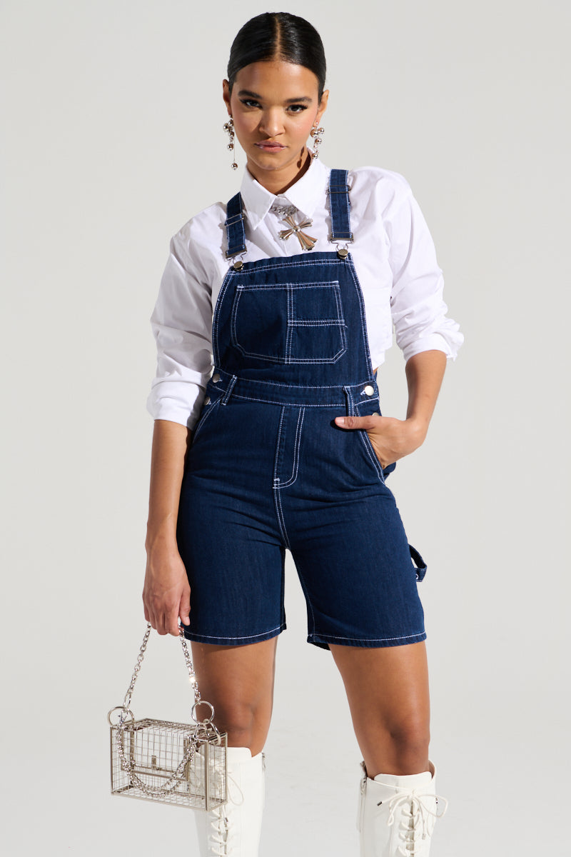 THROWING IT DOWN DENIM SHORT OVERALL