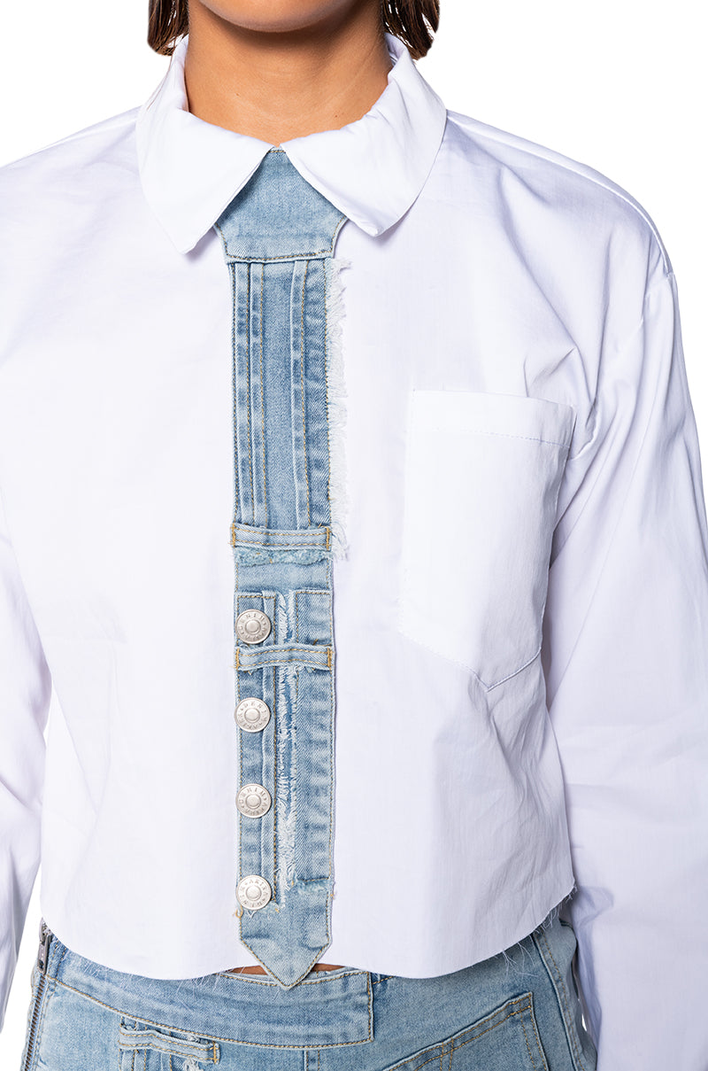 DENIM DAY TIE DETAIL BUTTON DOWN BLOUSE