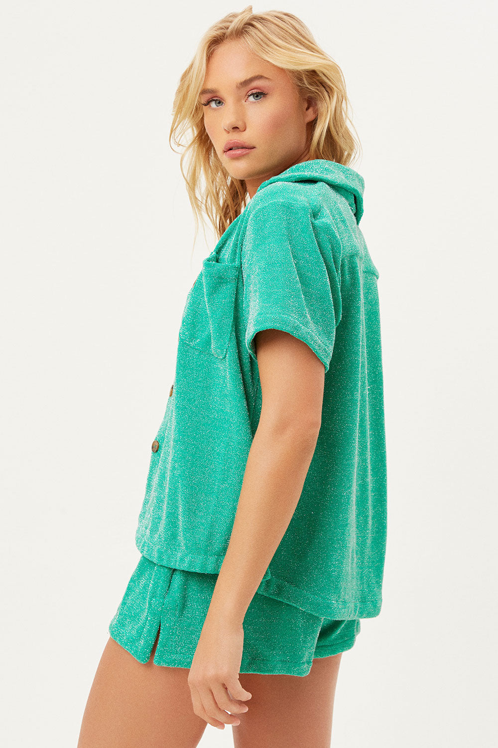 Coco Sparkle Terry Button Up Shirt - Mistletoe Green