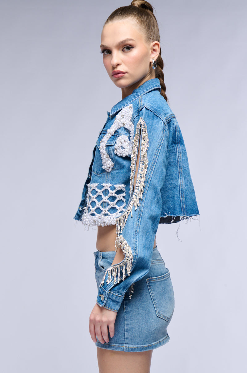 TEXAS BOUND RHINESTONE FRINGE PEARL CROP DENIM JACKET WITH CUT OUT SLEEVE