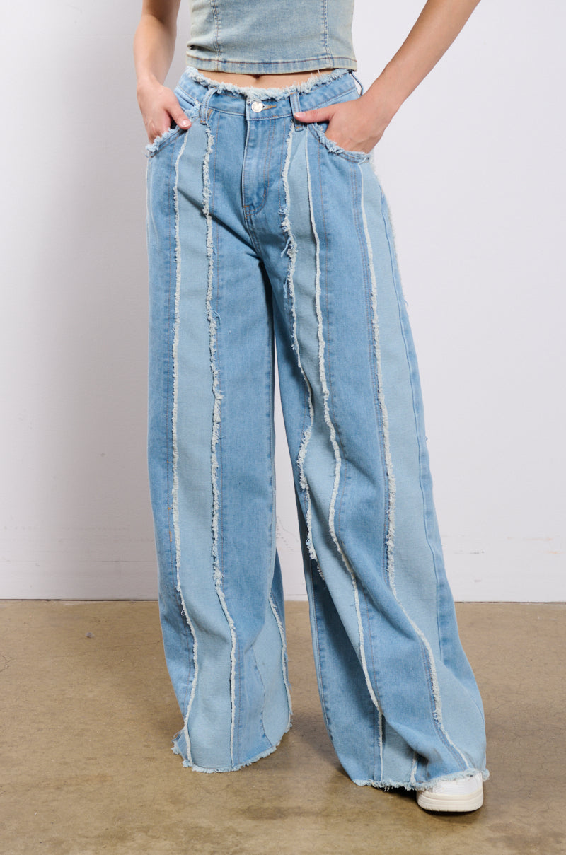 DONT NEED TO SLEEP DISTRESSED WIDE LEG DENIM PANT