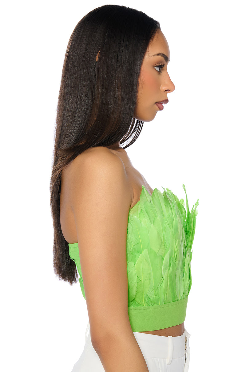 FLY AWAY FEATHER TUBE TOP IN NEON GREEN