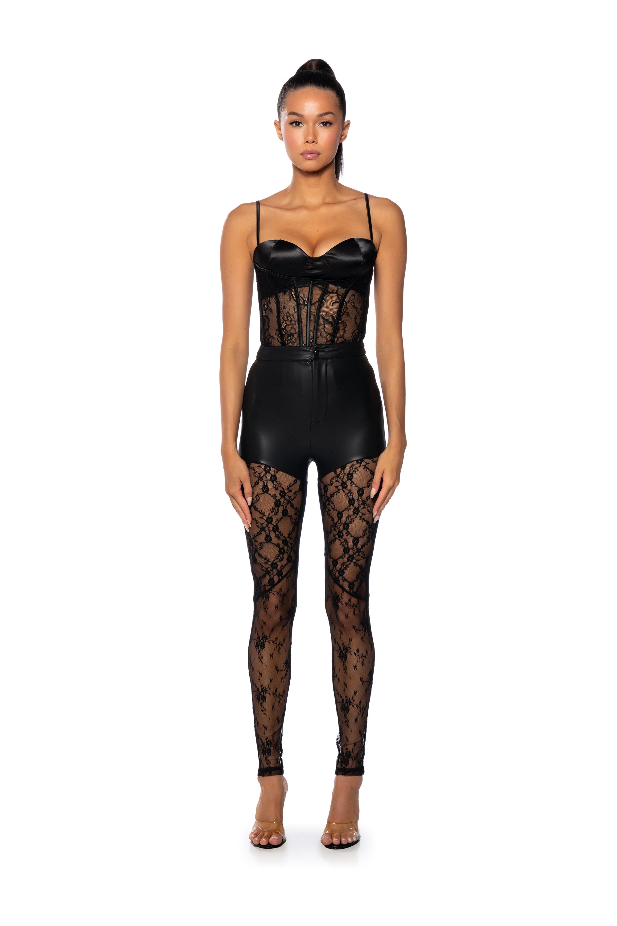 RIO LACE AND FAUX LEATHER HIGH WAIST PANT