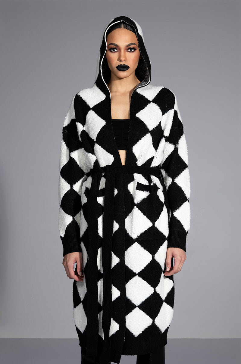 HOUSE OF CARDS HOODED BELTED CARDIGAN