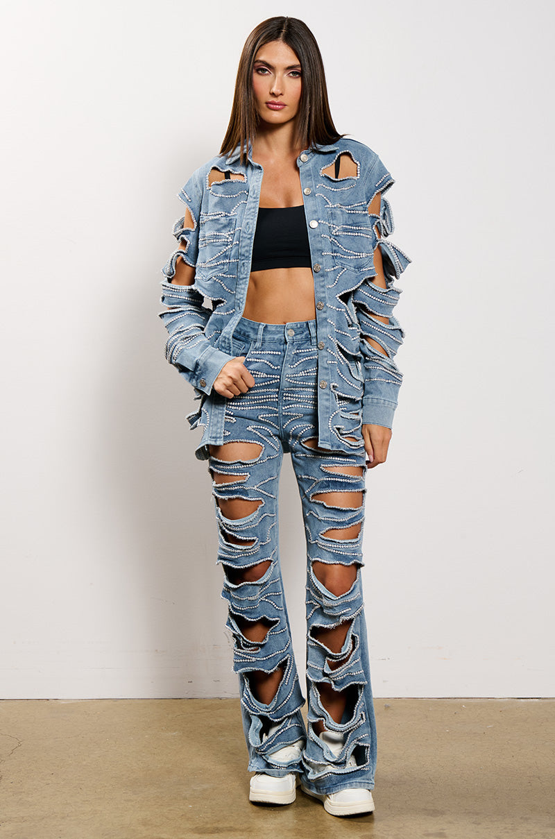 STRIPPED DOWN FLARE LEG DENIM PANT