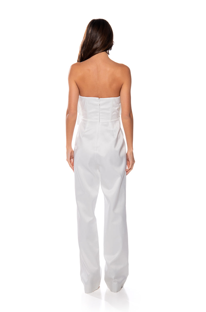 CHERRY BLOSSOM STRAPLESS STATEMENT JUMPSUIT IN WHITE