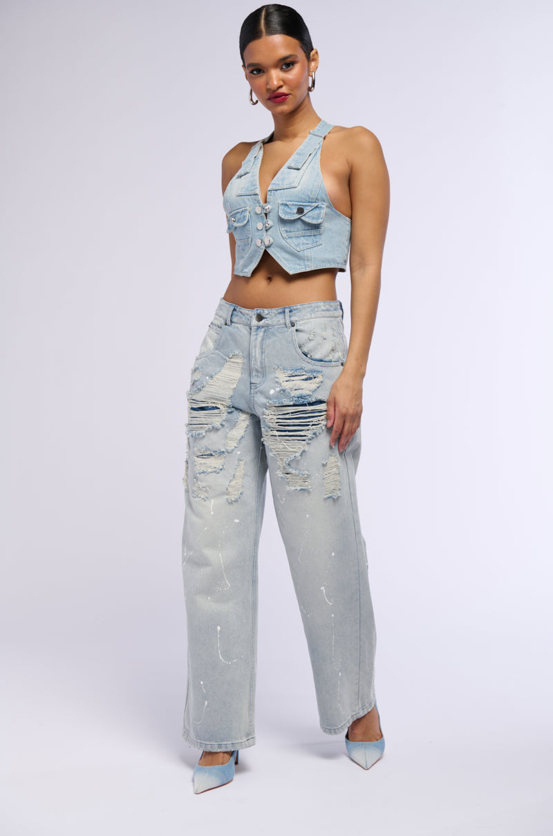 EASY BREEZY DISTRESSED DENIM PANTS