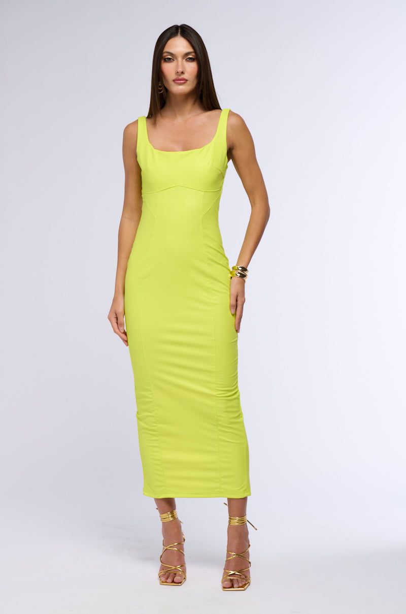 TAKE ME OUT FAUX LEATHER MAXI DRESS IN LIME