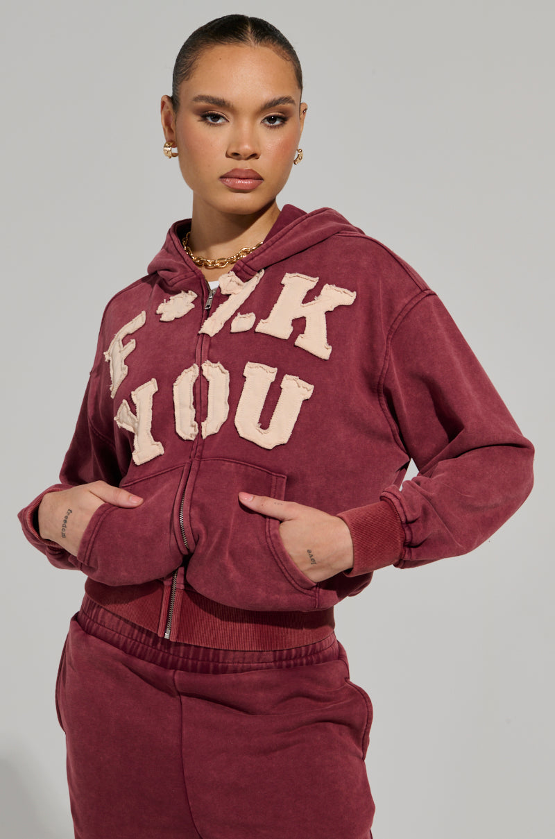 GRAPHIC LANGUAGE MINERAL WASH ZIP UP SWEATSHIRT IN BURGUNDY