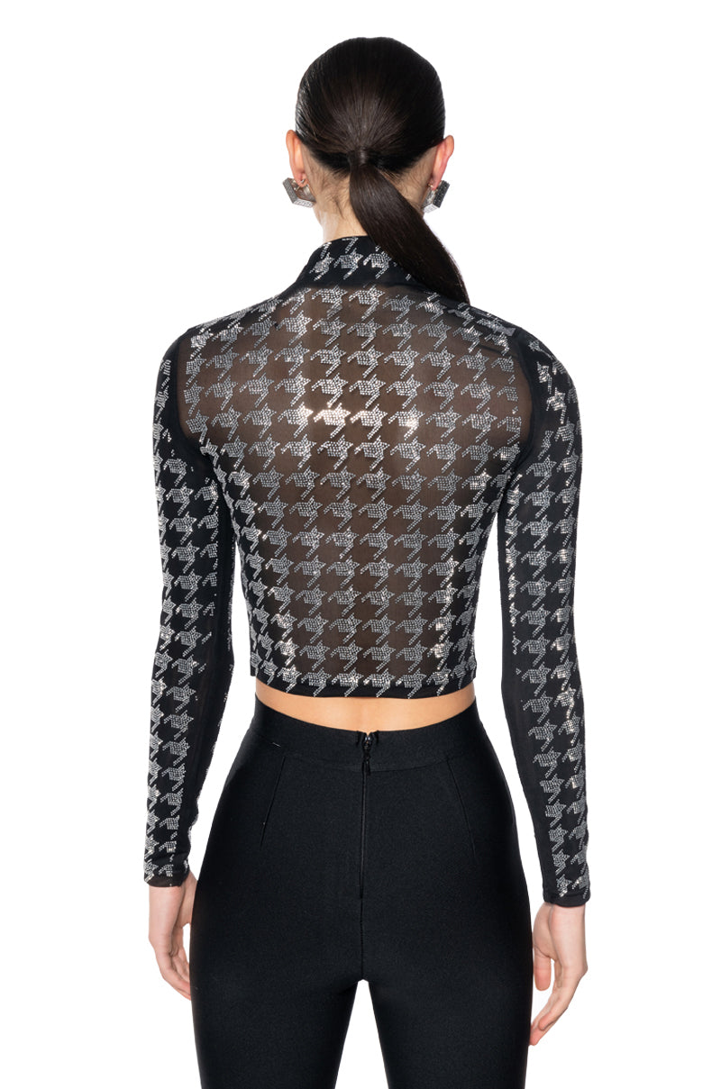 HOUNDSTOOTH GLAMOUR MOCK NECK LONG SLEEVE MESH TEE