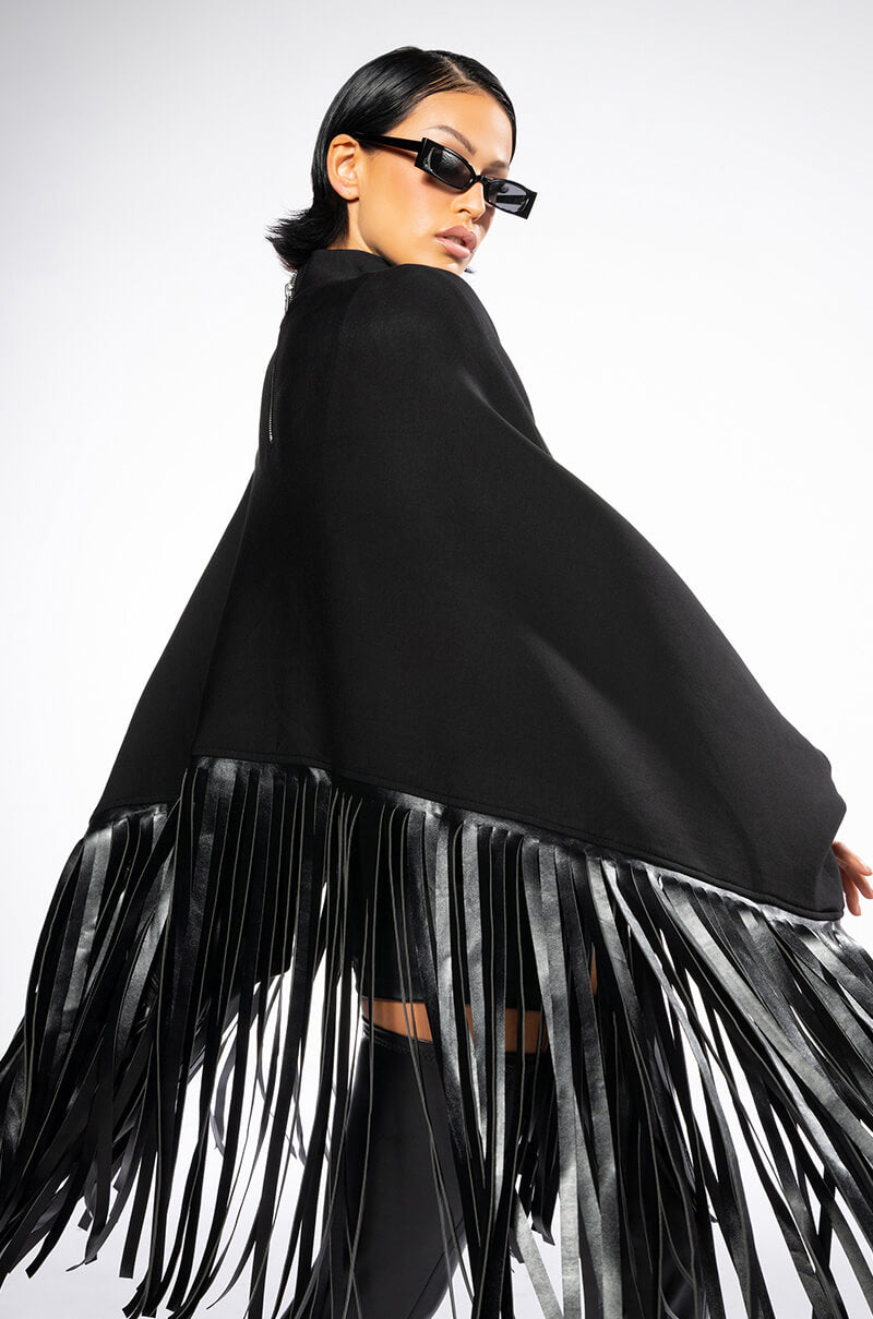 CITY GIRL FAUX LEATHER FRINGE SWEATSHIRT IN BLACK