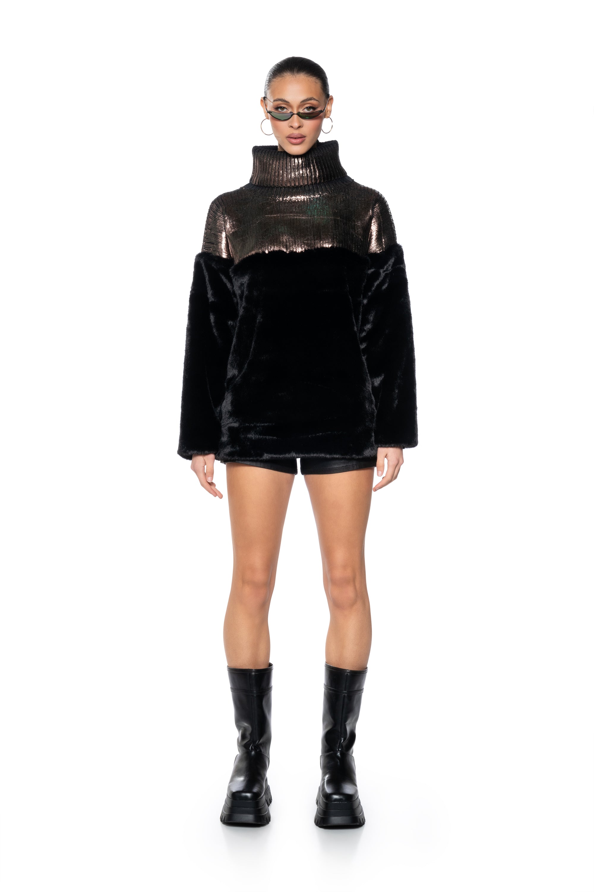 WARM AND CHIC FAUX FUR METALLIC TURTLENECK MINI DRESS