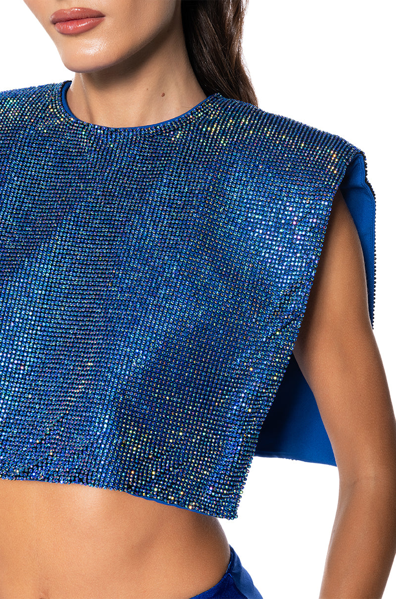 DISCO BABE SLEEVELESS RHINESTONE CROP TOP IN BLUE