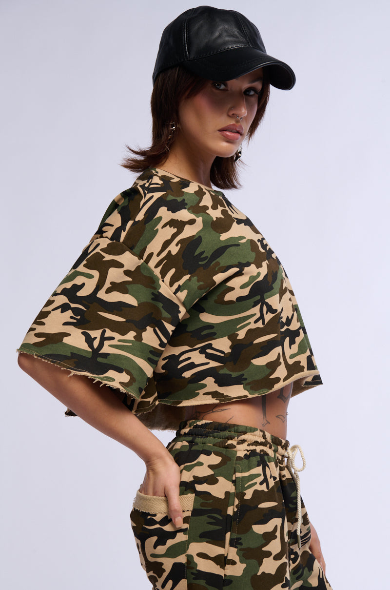 LIFT ME UP SHORT SLEEVE CAMO CROPPED SHIRT