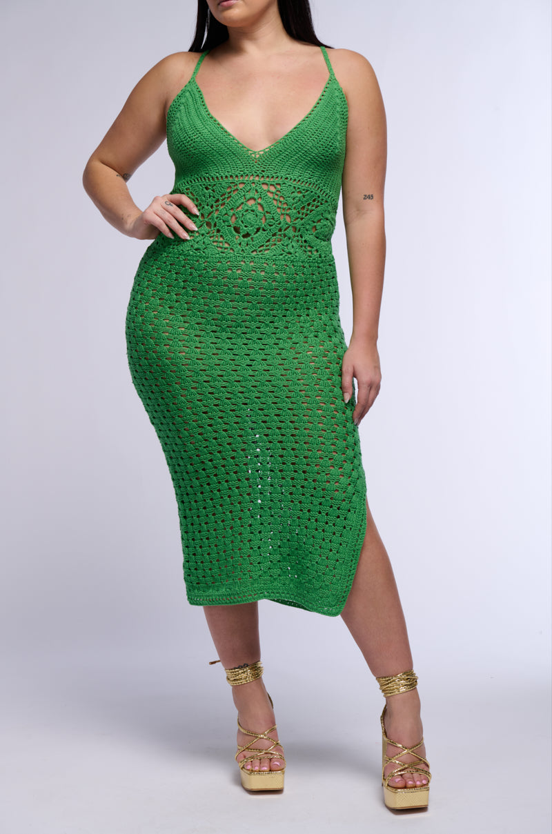 GREEN WITH ENVY CROCHET MIDI DRESS IN GREEN