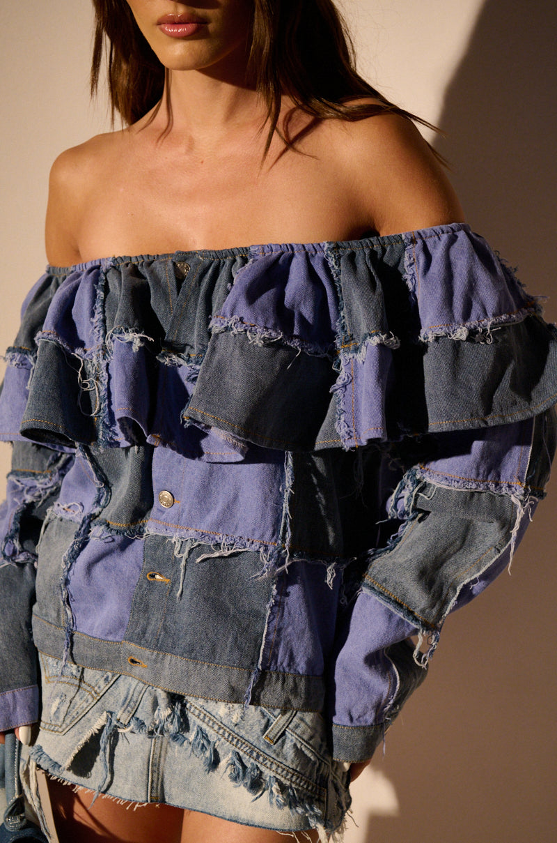 OFF SHOULDER PATCHWORK DENIM JACKET