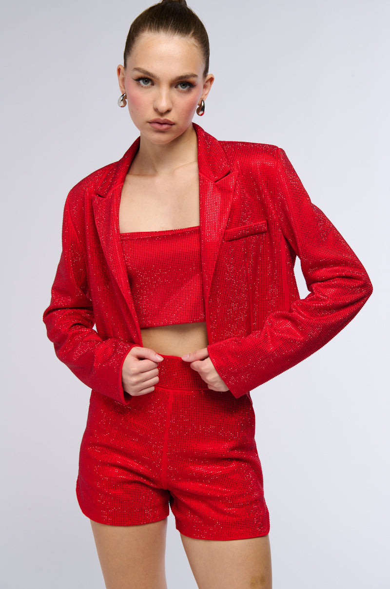 POP STAR HOT FIX RHINESTONE CROPPED BLAZER IN RED