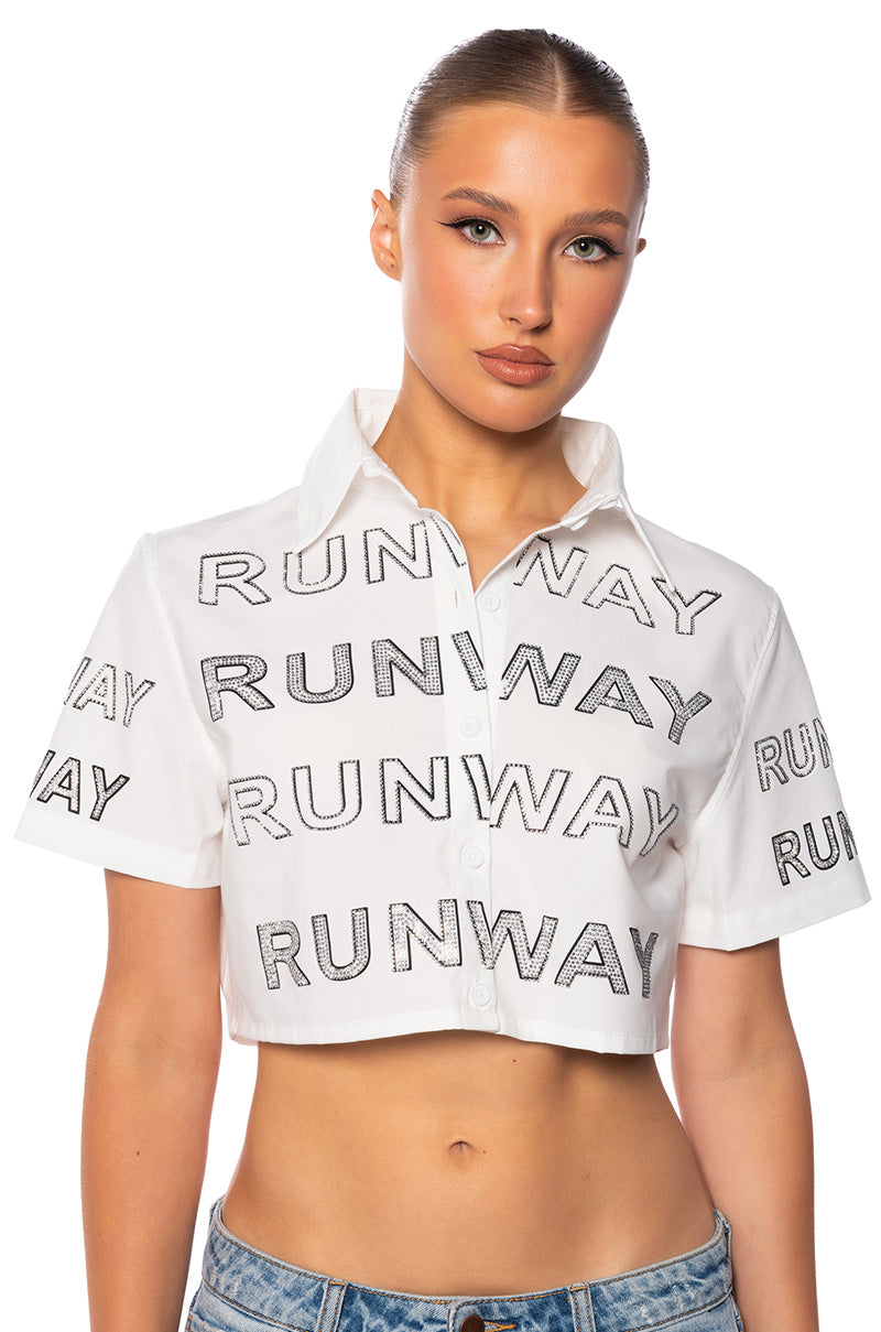 WALK THE WALK RHINESTONE CROPPED SHIRT