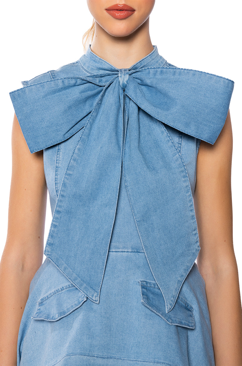 DREAMING OF YOU BOW DETAIL DENIM HIGH LOW BLOUSE