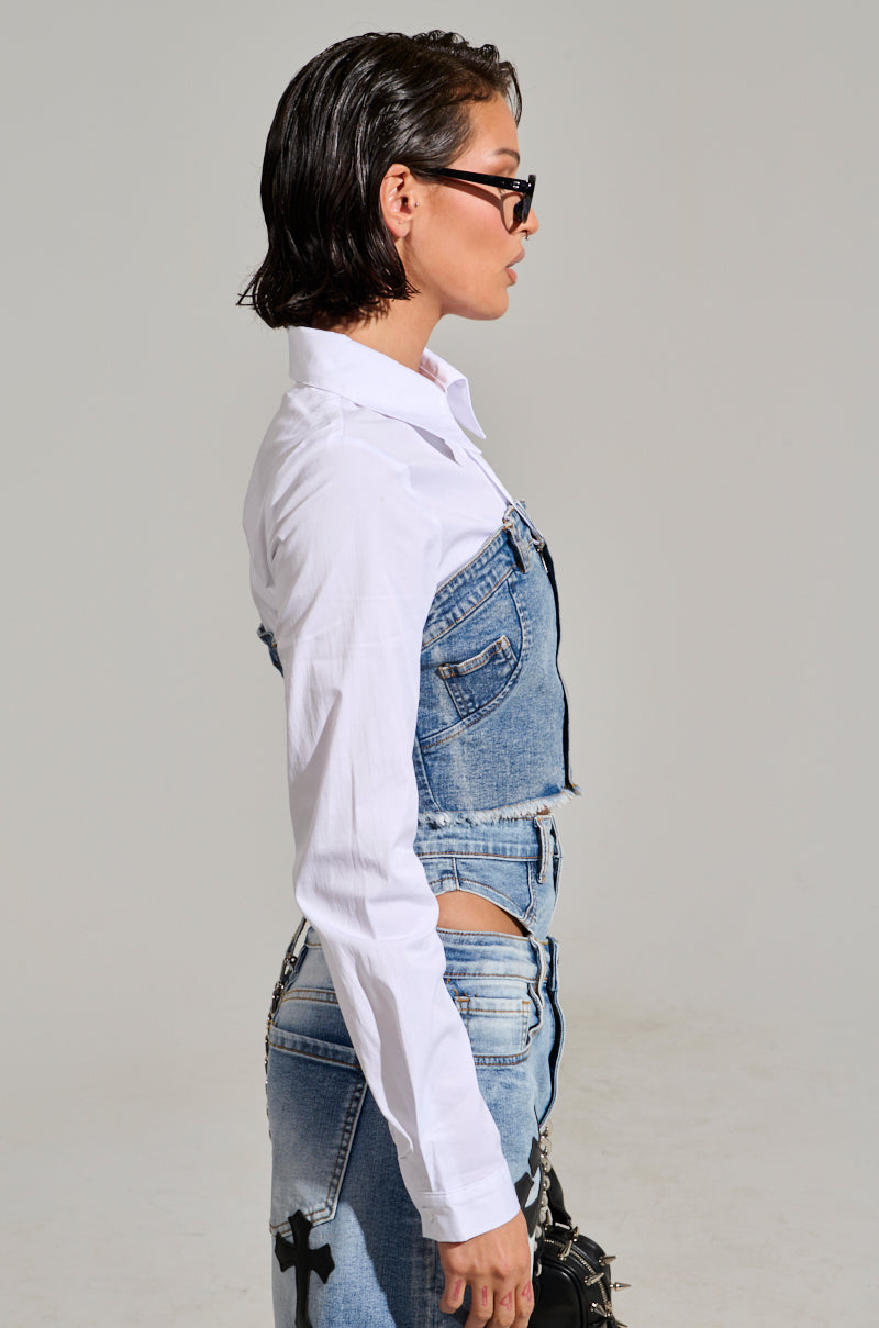 SITTING PRETTY POPLIN & DENIM LONG SLEEVE TOP