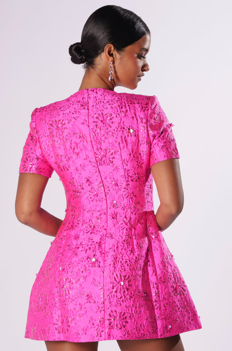 PRETTY IN PINK BROCADE BEADED MINI DRESS