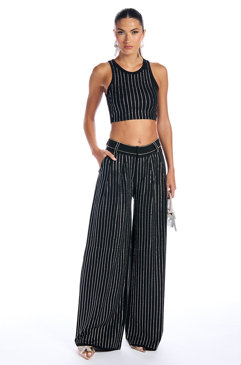 NOLLAN RHINESTONE STRIPE WIDE LEG TROUSER