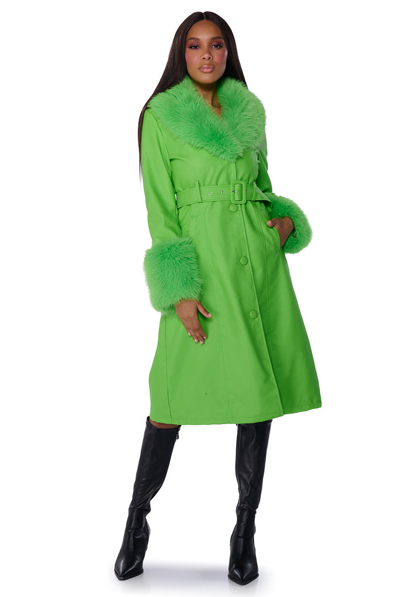 KAYA PU TRENCH WITH FUR LINING IN GREEN