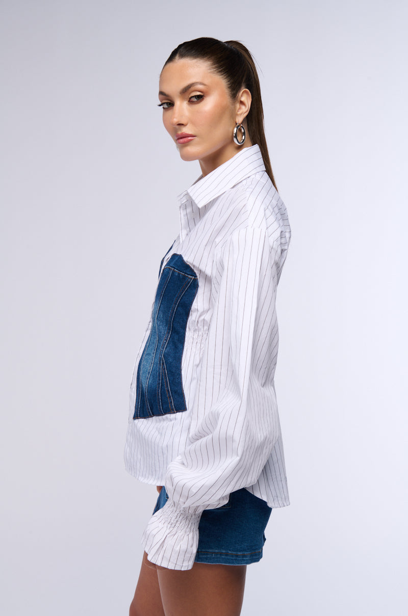 RAISA DENIM CORSET DETAIL BUTTON DOWN BLOUSE