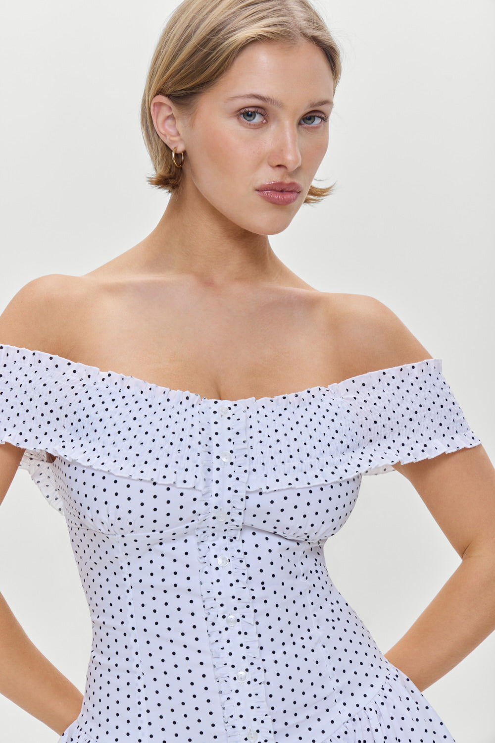 Mae Off Shoulder Mini Dress - White Polka Dot