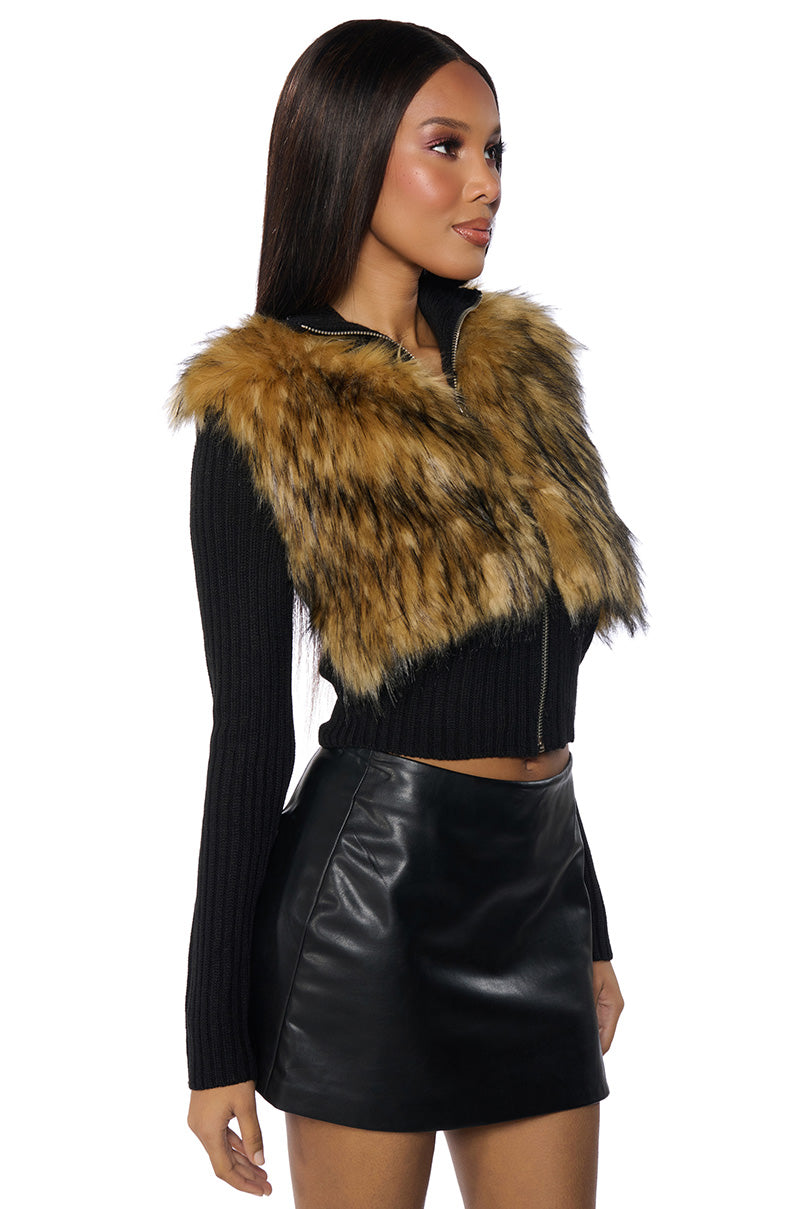 COLDEST WINTER ZIP UP FAUX FUR TRIM KNIT SWEATER IN BLACK MULTI