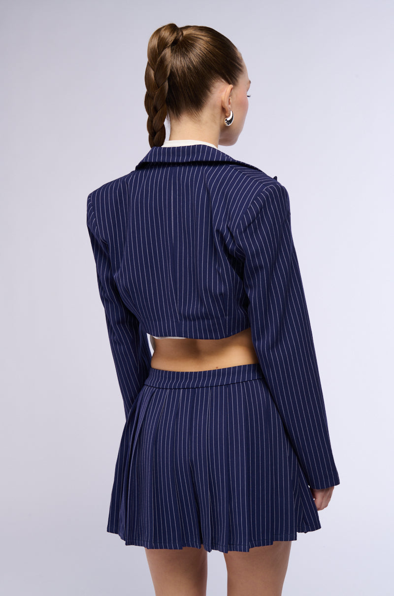 WHATS THE TEA PINSTRIPE CROP BLAZER IN NAVY