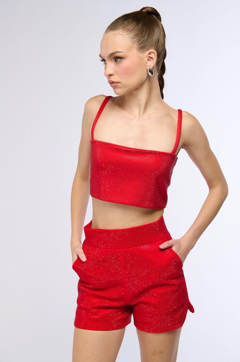 POP STAR HOT FIX RHINESTONE CROP TOP IN RED