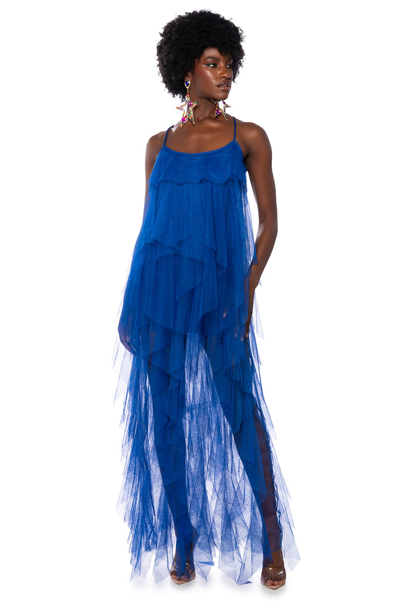 TOP TIER RUFFLE MAXI DRESS ROYAL BLUE