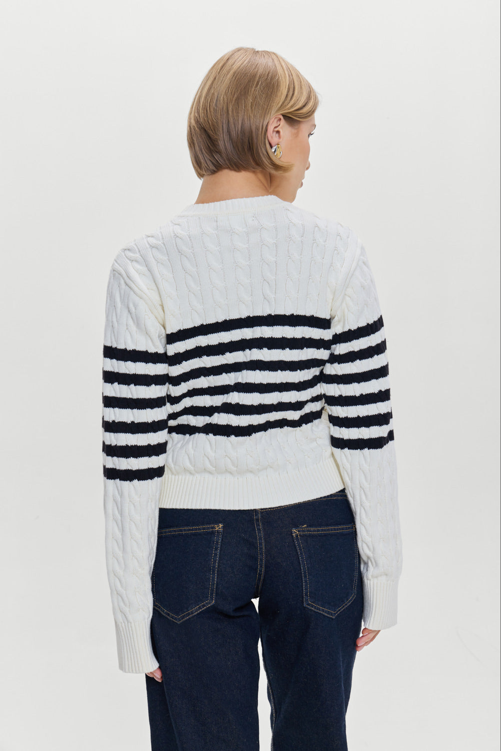 Varsity Striped Cable Knit Sweater - Ivory