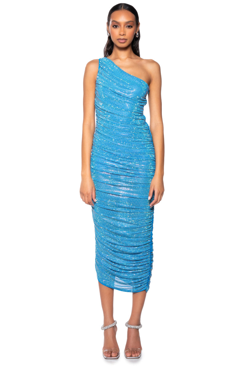 THAT GIRL RHINESTONE MIDI DRESS IN BLUE