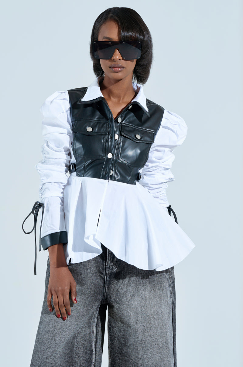 ALWAYS FABULOUS FAUX LEATHER DETAIL BUTTON DOWN BLOUSE