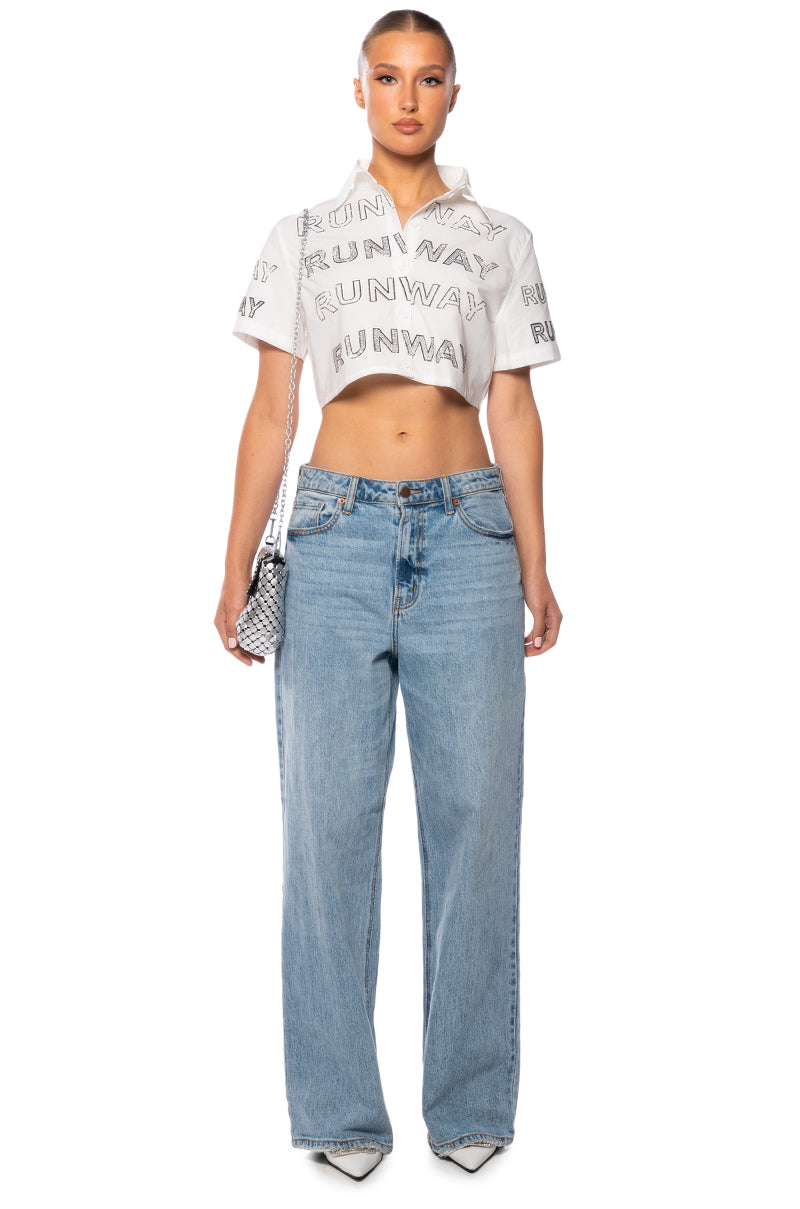 WALK THE WALK RHINESTONE CROPPED SHIRT