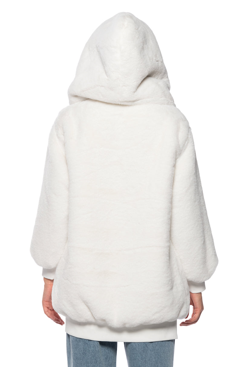 RZA LONG COMFY FAUX FUR HOODIE IN WHITE