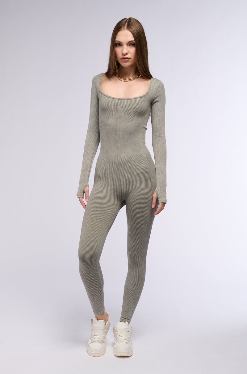 HOT GIRL WALK LONG SLEEVE CATSUIT IN OLIVE