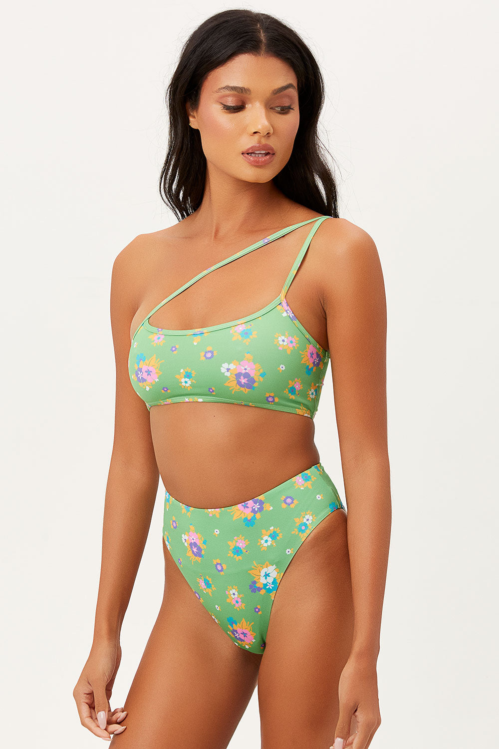 Jenna High Waist High Cut Bikini Bottom - Meadow