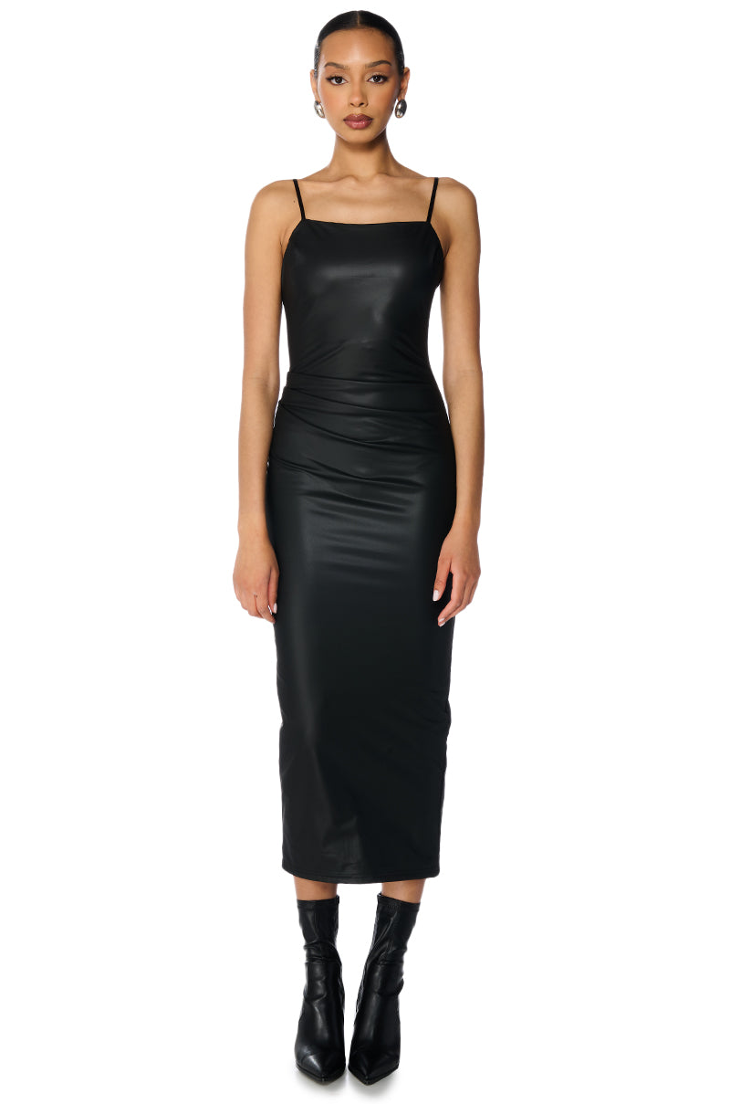 UP TO NO GOOD SLEEVELESS FAUX LEATHER MIDI DRESS WITH FOUR WAY STRETCH IN BLACK