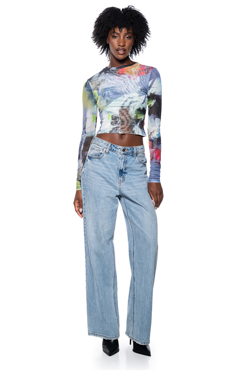 ABSTRACT ART LONG SLEEVE MESH TOP