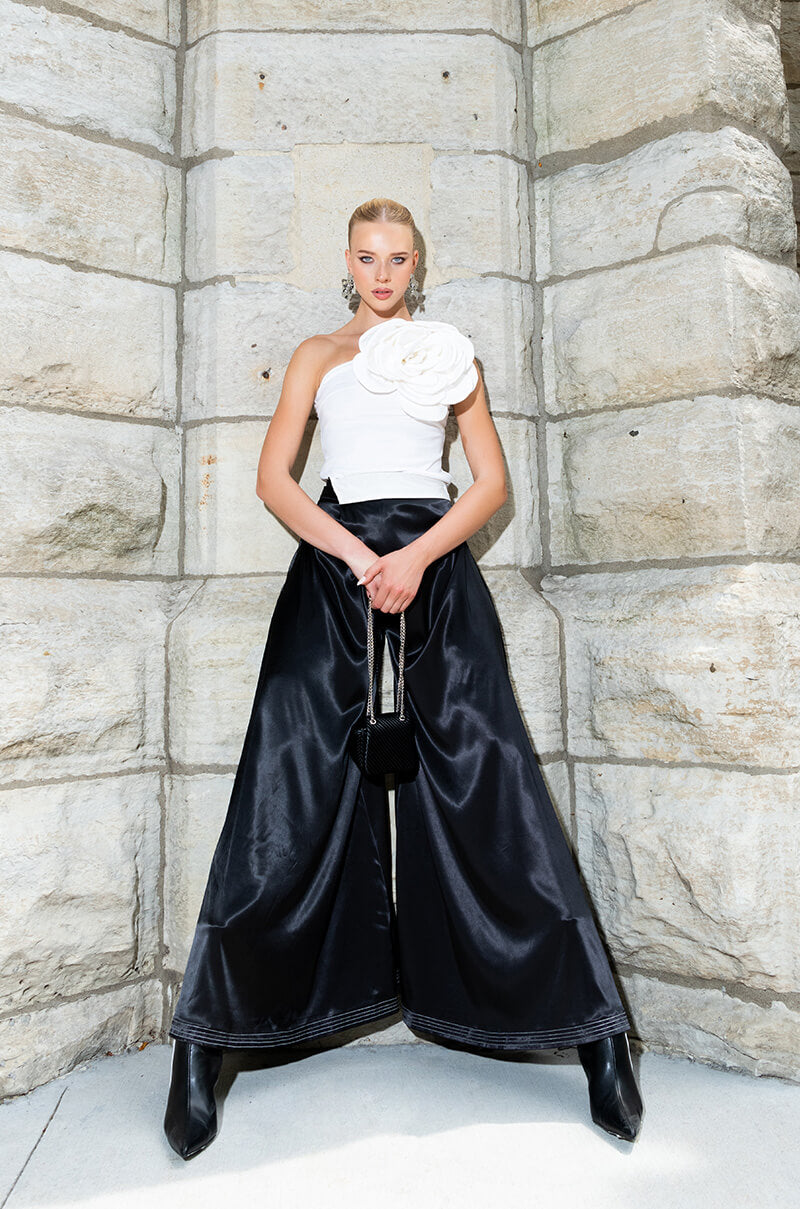 RISKY BUSINESS WRAP AROUND WIDE LEG SATIN PANT