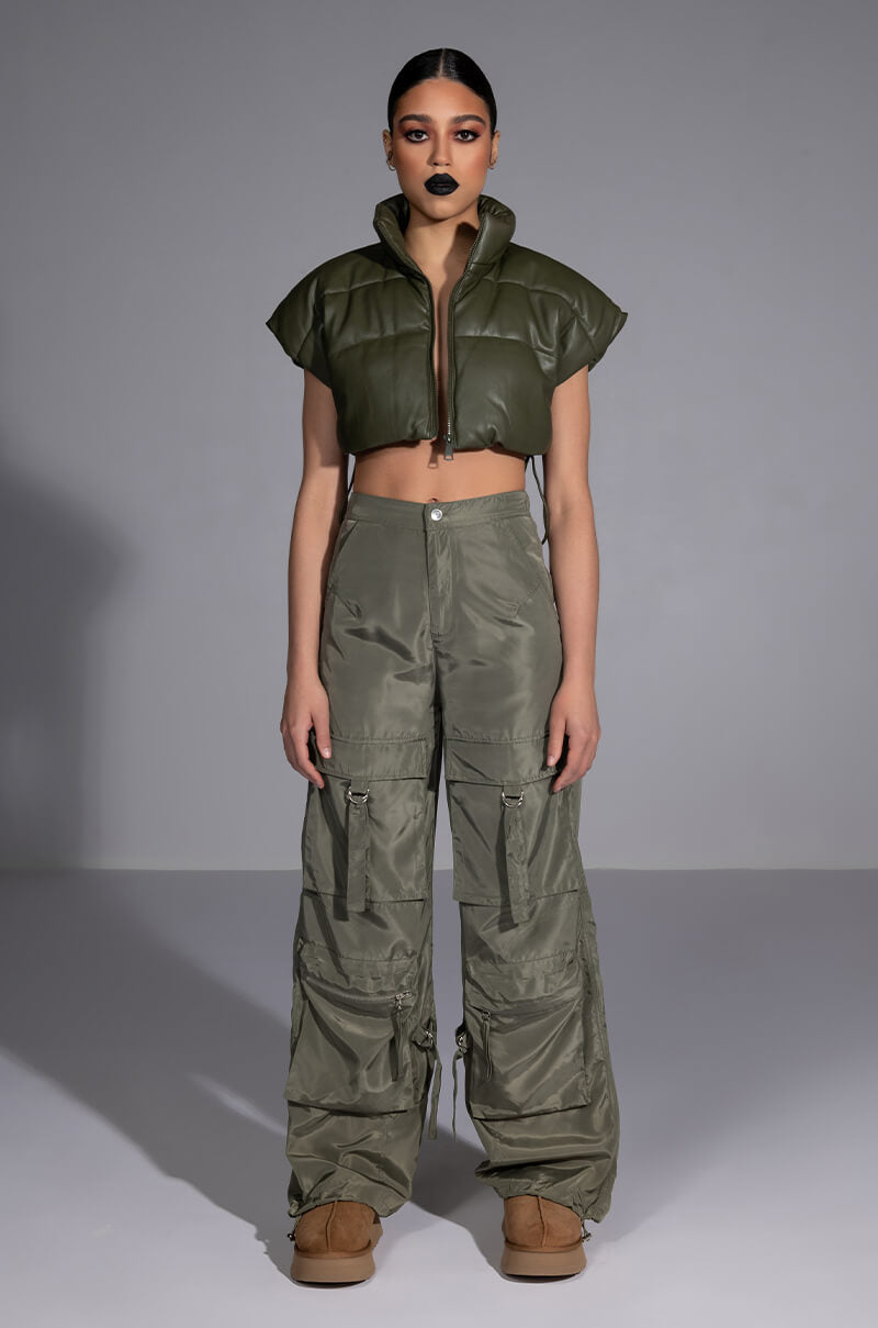 ULTRA CROP PU VEST WITH PULL STRINGS IN OLIVE