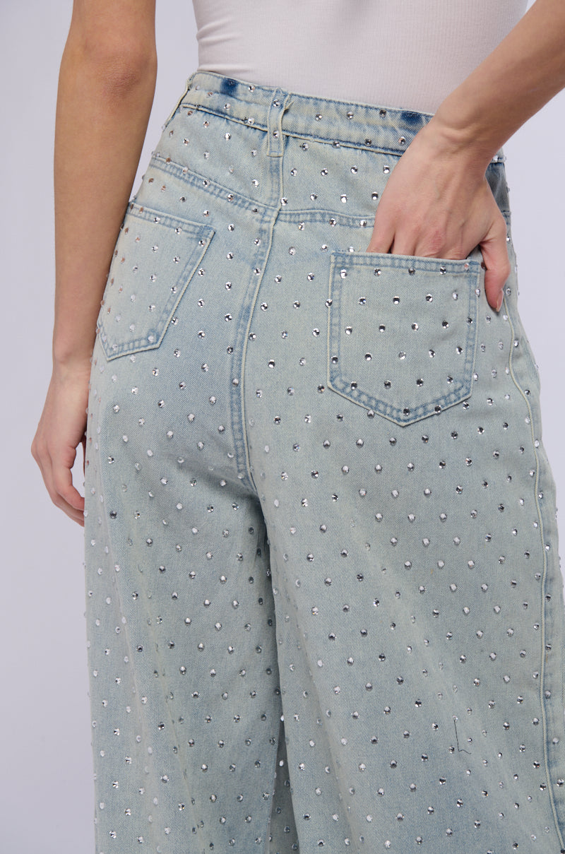 DAZZLED RHINESTONE STUDDED EXTRA LONG DENIM PANTS