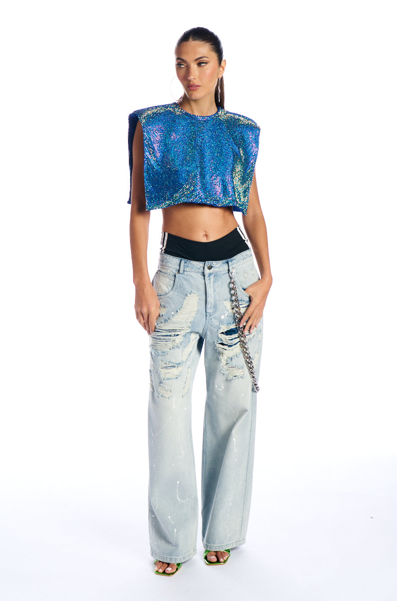 DISCO BABE SLEEVELESS RHINESTONE CROP TOP IN BLUE