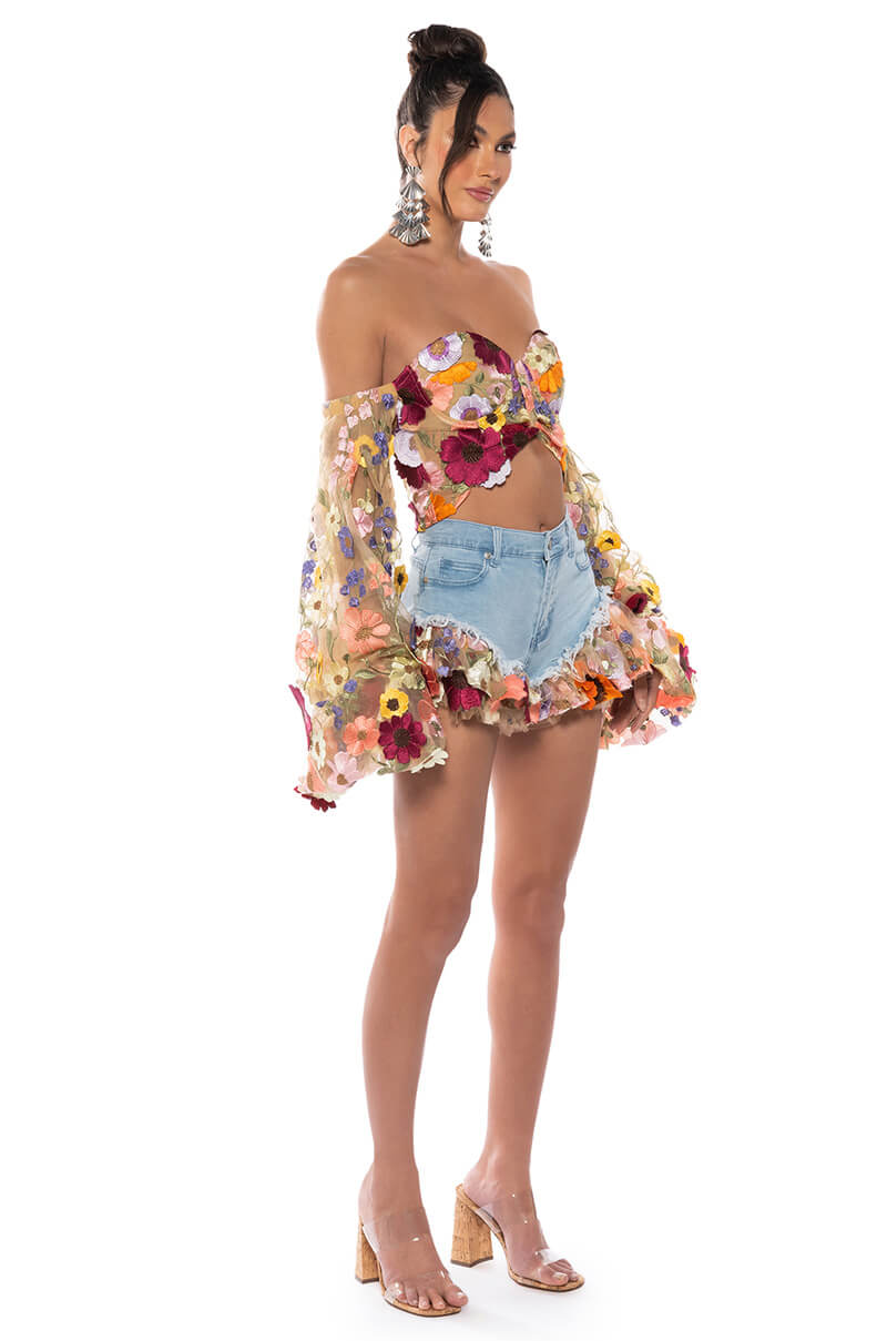 BOTANICAL BEAUTY RUFFLE DENIM SHORTS