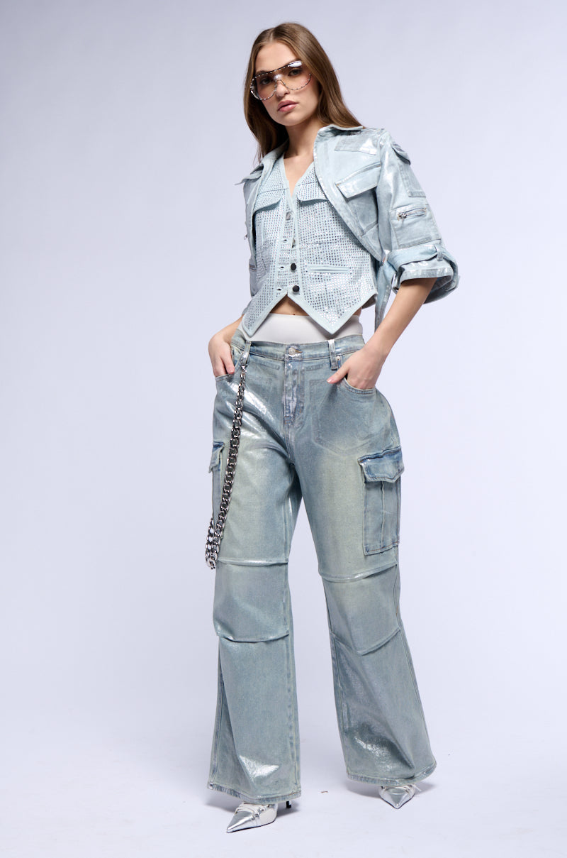 CARGO CROPPED CUT METALLIC DENIM JACKET