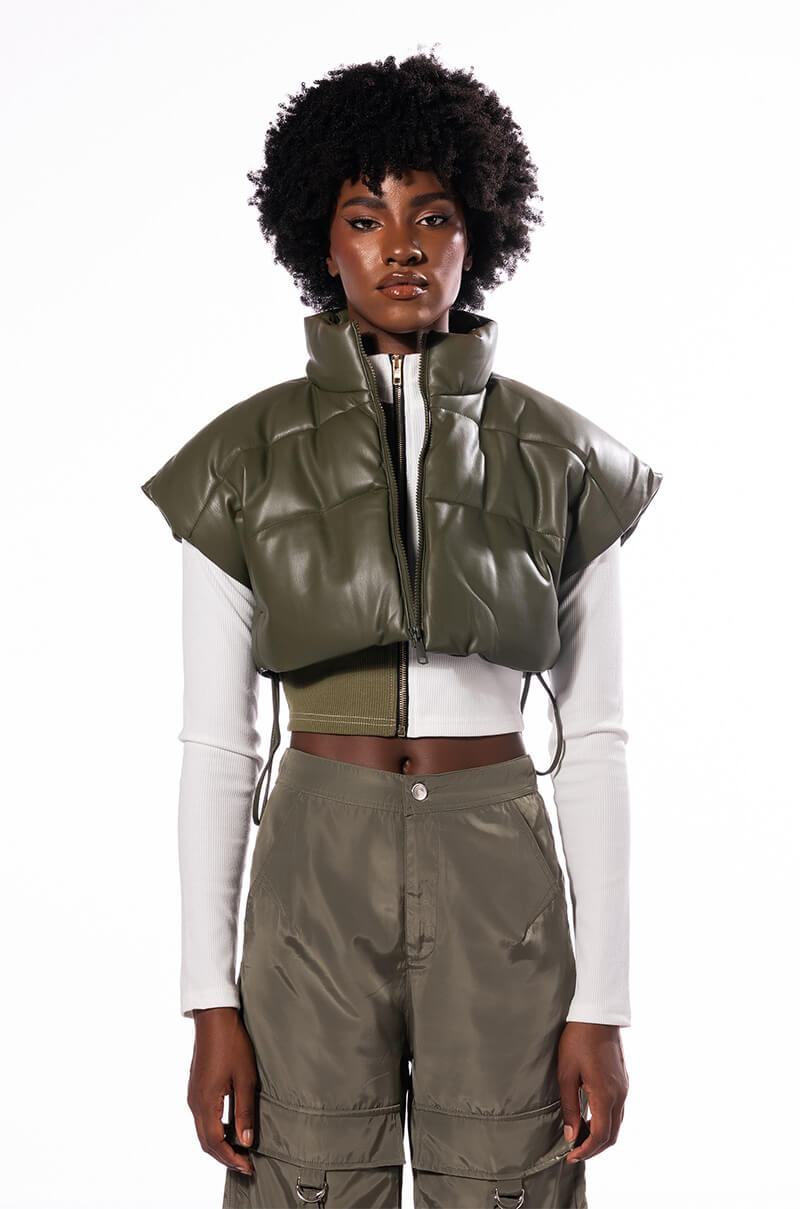 ULTRA CROP PU VEST WITH PULL STRINGS IN OLIVE